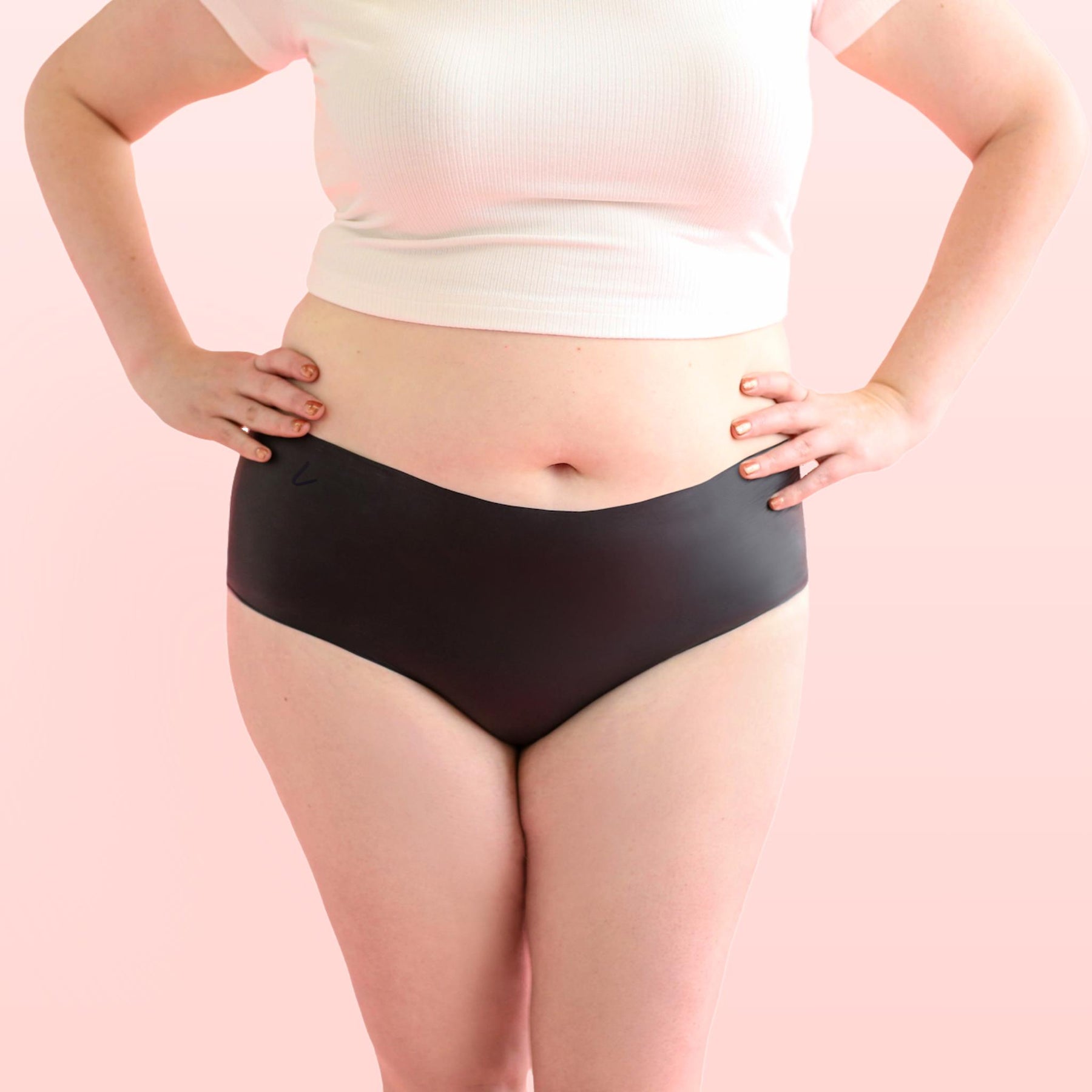 Lorals model Amanda demonstrates the front view of Pleasure Undies in Black Shorties
