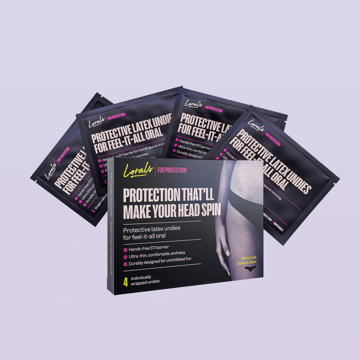 Box and four single-use pouches of Lorals for Protection STI Undies in Black