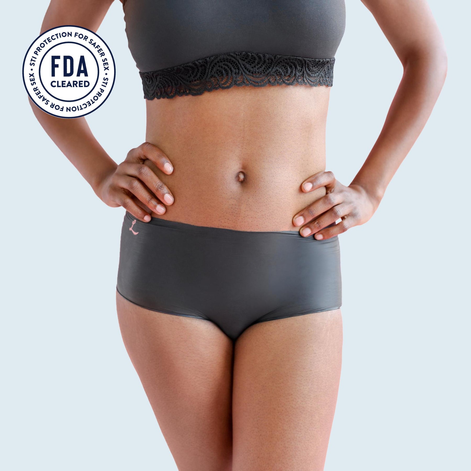 Lorals model Gladys demonstrates the front view of Protection Undies in Black Shorties